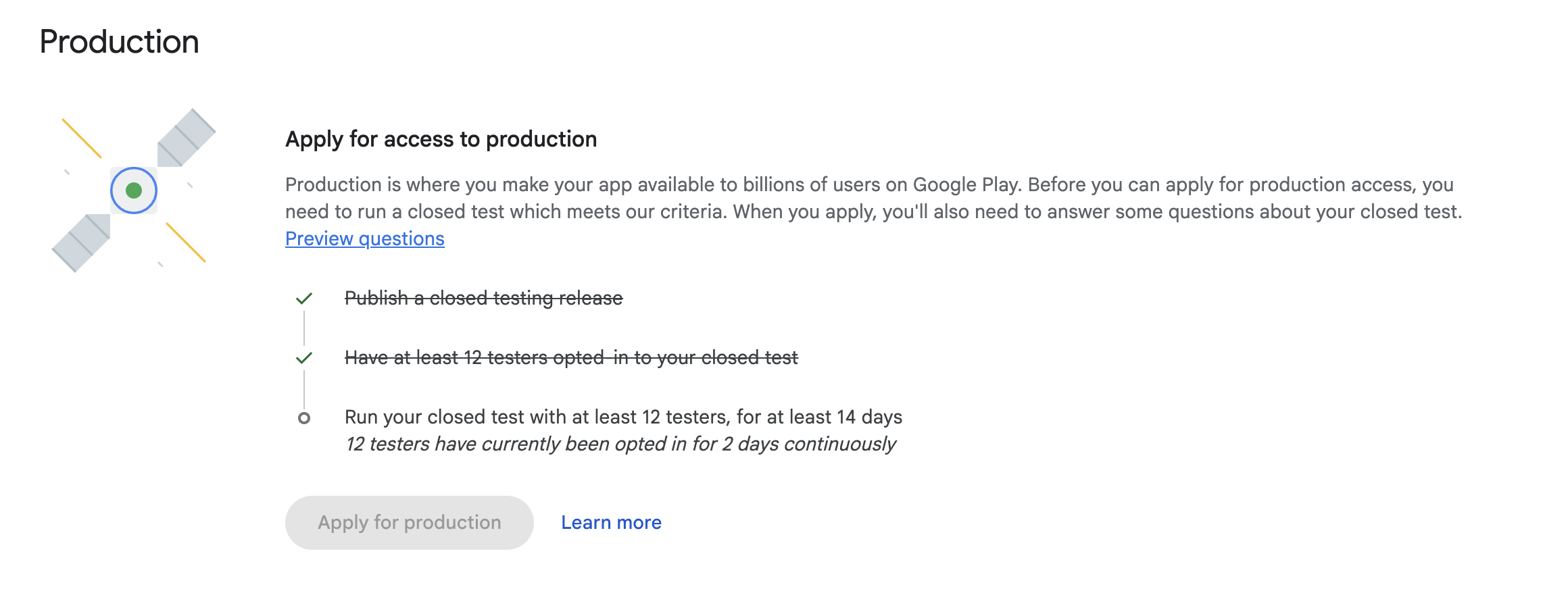 Google Play Console screen showing the closed testing requirements toward production access