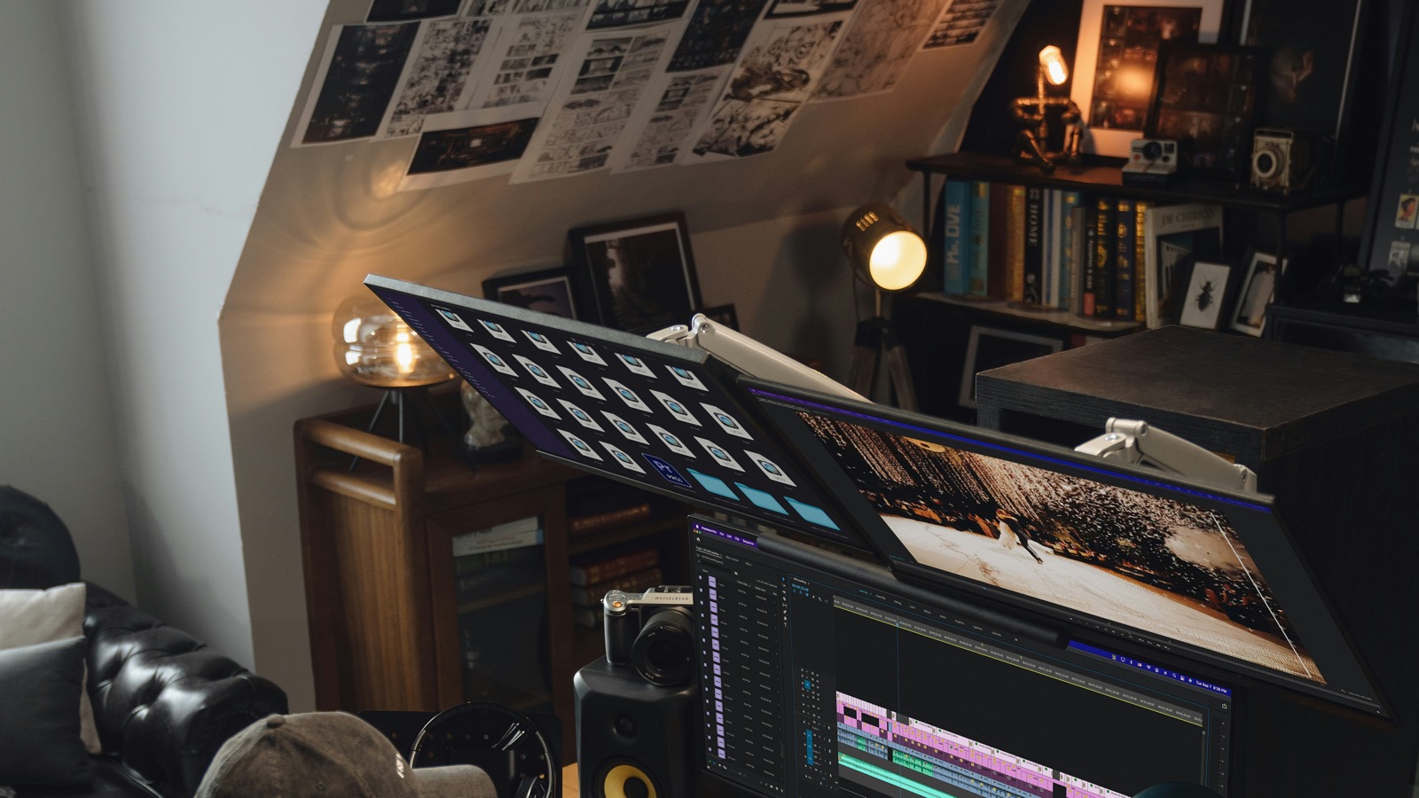 A video editor's desk setup with a dual-monitor display showing an editing timeline, seen from over the shoulder