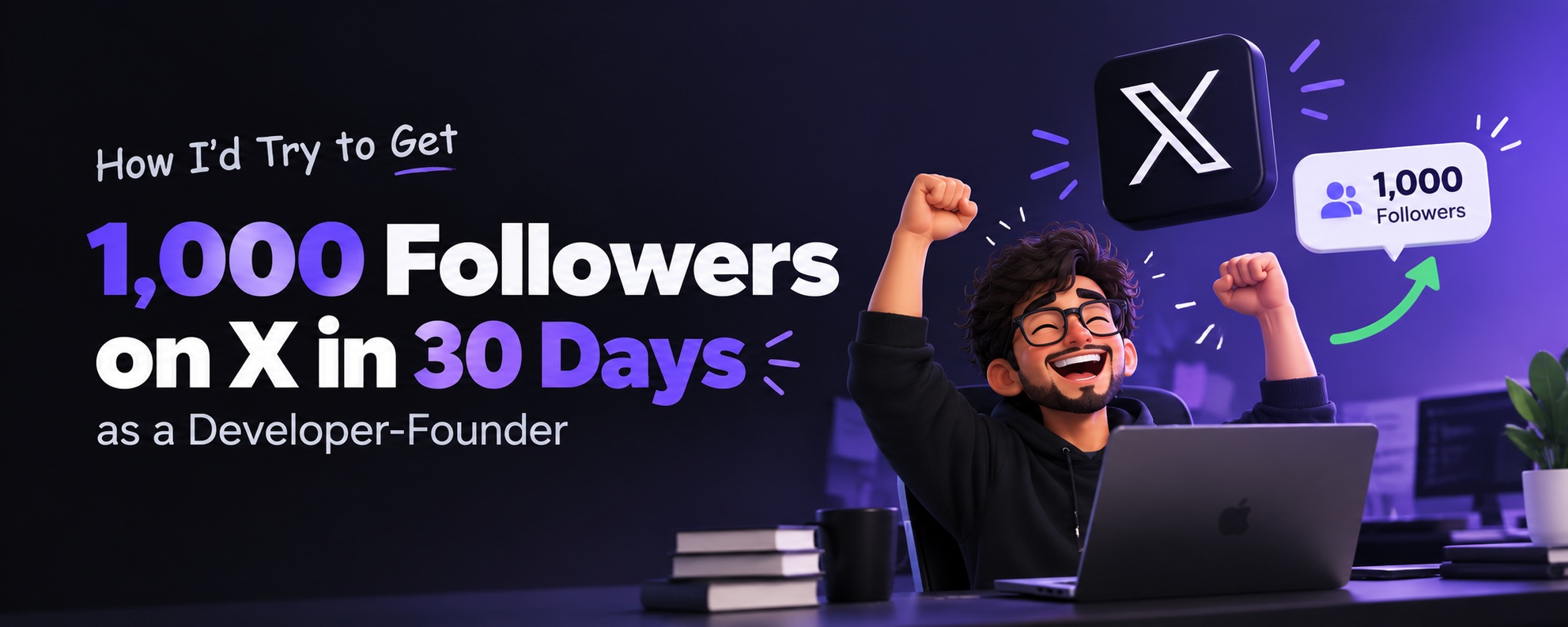 Illustration of a developer-founder celebrating at his desk under an X logo with a '1,000 Followers' badge, next to the title 'How I'd Try to Get 1,000 Followers on X in 30 Days as a Developer-Founder'